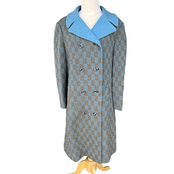 Vintage Checkerboard Plaid Tweed Double Breasted Wool Coat Blue Tan Satin Lined - Picture 1 of 16